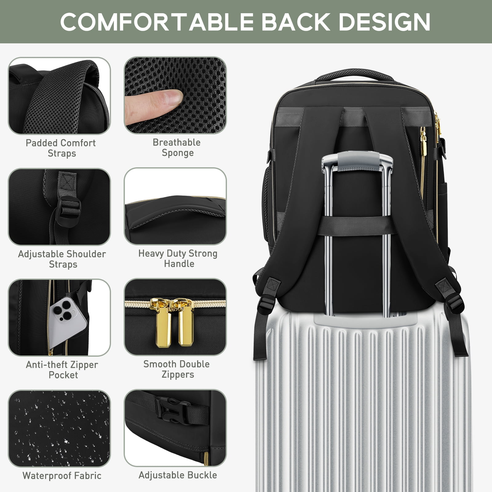 CshidWorld Travel Backpack for Men Women, Airplane Approved Carry on Backpack with 3 Packing Cubes, 40L Travel Bag Fits 17inch Laptop, Travel Essentials Backpack for Weekender Business Hiking, Black