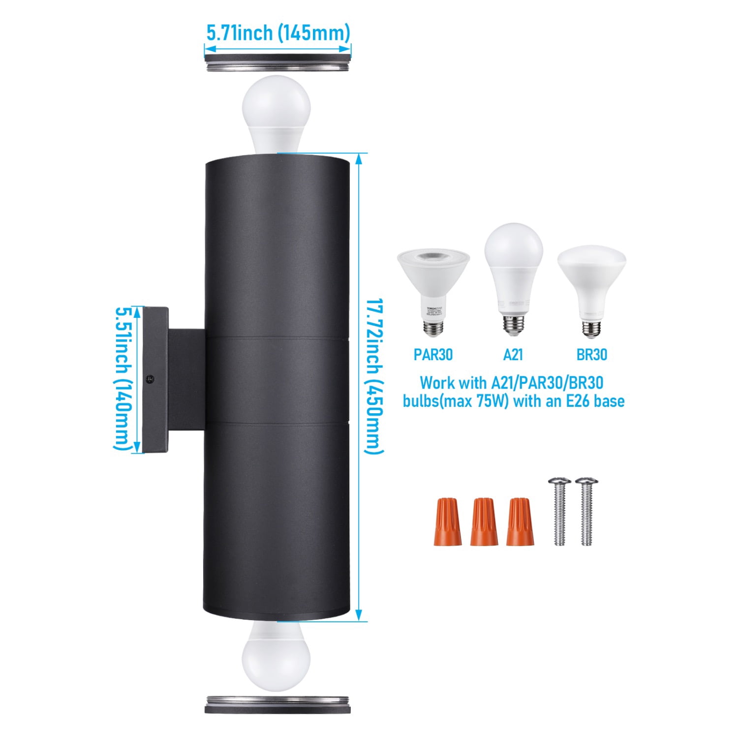 4 Pack Up and Down Wall Sconce, 2-Light Porch Fixture, 17.72" Waterproof Outdoor Wall Light, Aluminum, E26 Base, Exterior Wall Mount