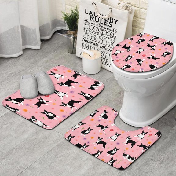 Boston Terrier Dogs and Flowers Bathroom Rugs Sets 3 Piece,Toilet Cover Set,Absorbent Non Slip Bathroom Mats Sets with U-Shaped Contour Rug Toilet Rug Set