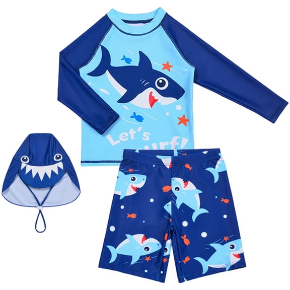 HCNTES Little Boys Long Sleeve Rash Guard Longs Swimsuit with Sun Hat UPF50 Bathing Suit(Sky Blue,5-6 Years)