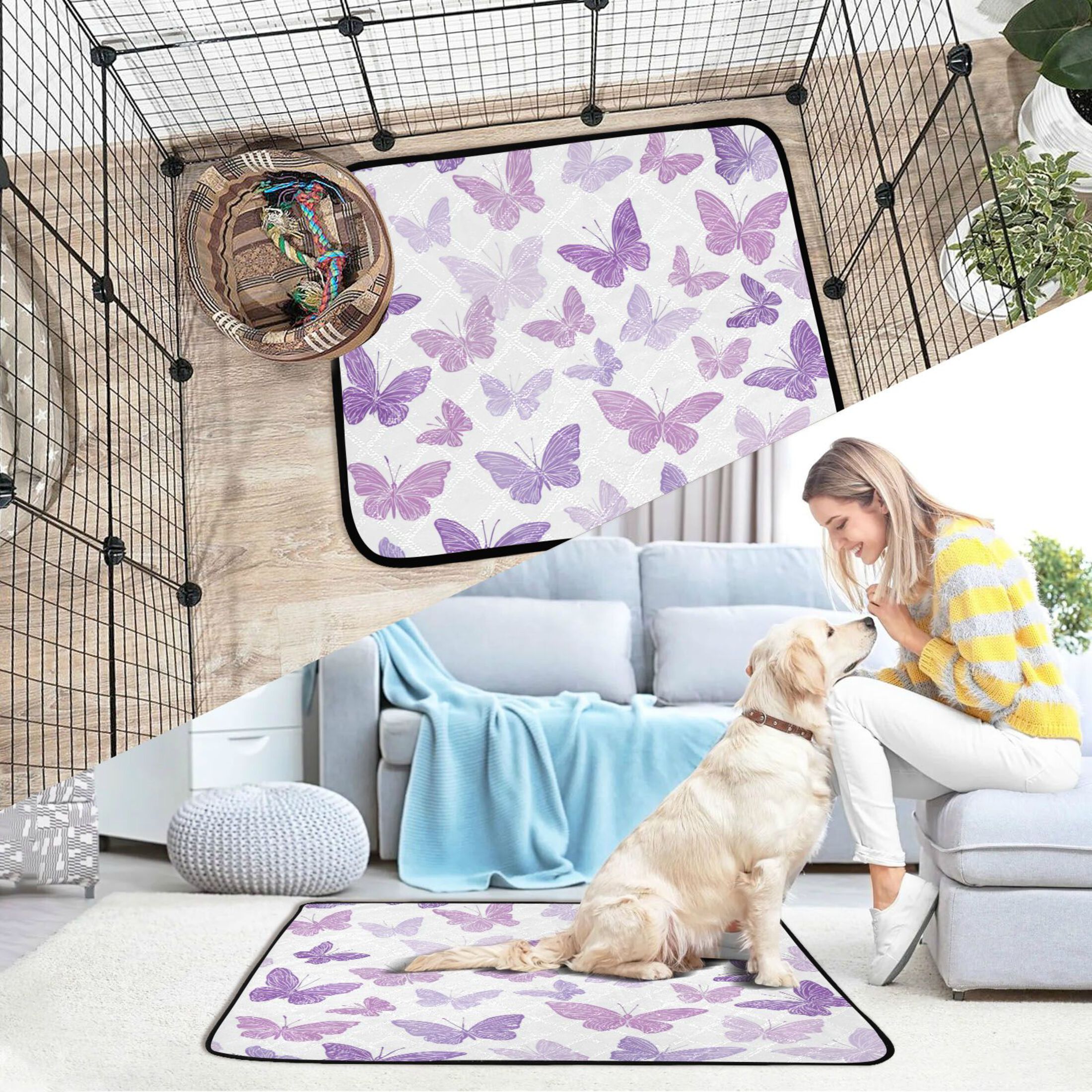 Qxltty Purple Butterfly Cat litter Pads Pet Set of 3 Diaper Mats Center Anti-leakage Layer Absorbent Soft and Comfortable