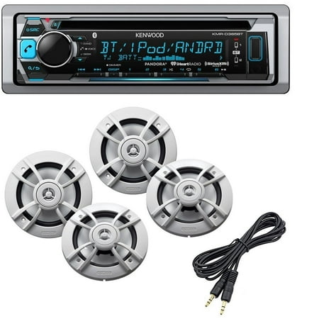 New Package KMR-D365BT Kenwood Marine Beat Outdoor Bluetooth Stereo CD/MP3/USB/IPOD/IPHONE Pandora AM/FM Receiver 4X Kenwood 6.5'' Waterproof Speakers Free Cache AUX Cable