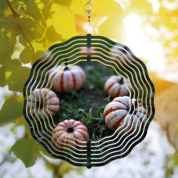 Metal Hanging Wind Spinners with Striped Pumpkin Design - Decorative Wind Chimes for Yard and Garden Perfect Fall Decor