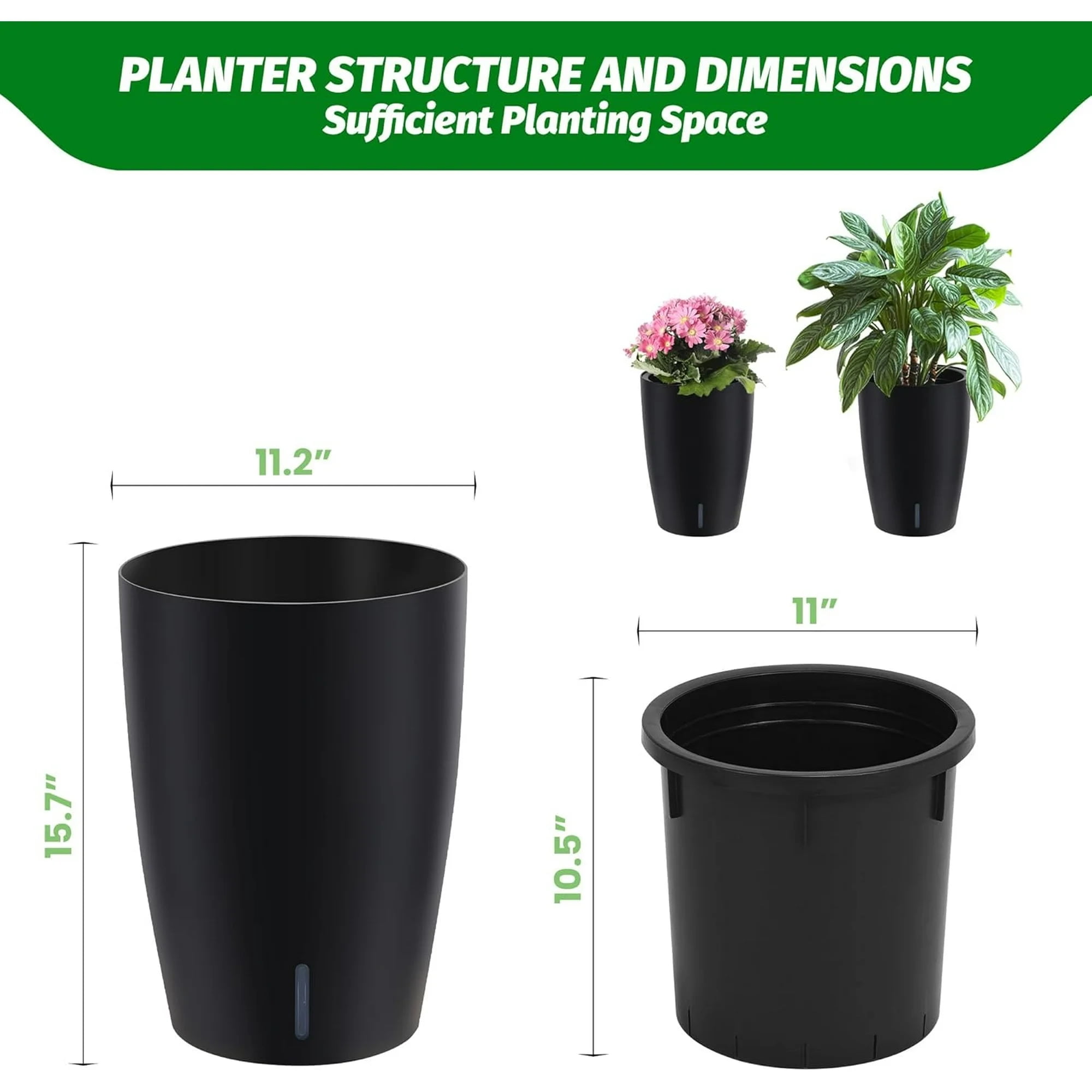 Riedhoff 15.7" Tall Round Planter Pots, Built-In Drainage, Self-Watering, 2 Count, Black