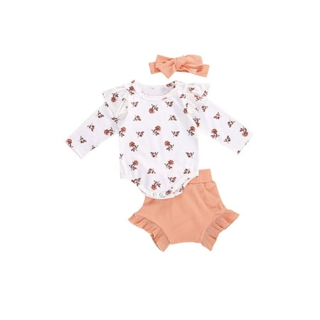 

Canrulo Newborn Baby Girls Ribbed Outifts Cute Ruffle Floral Romper Top Shorts Headband Fall Winter Clothes White 6-12 Months