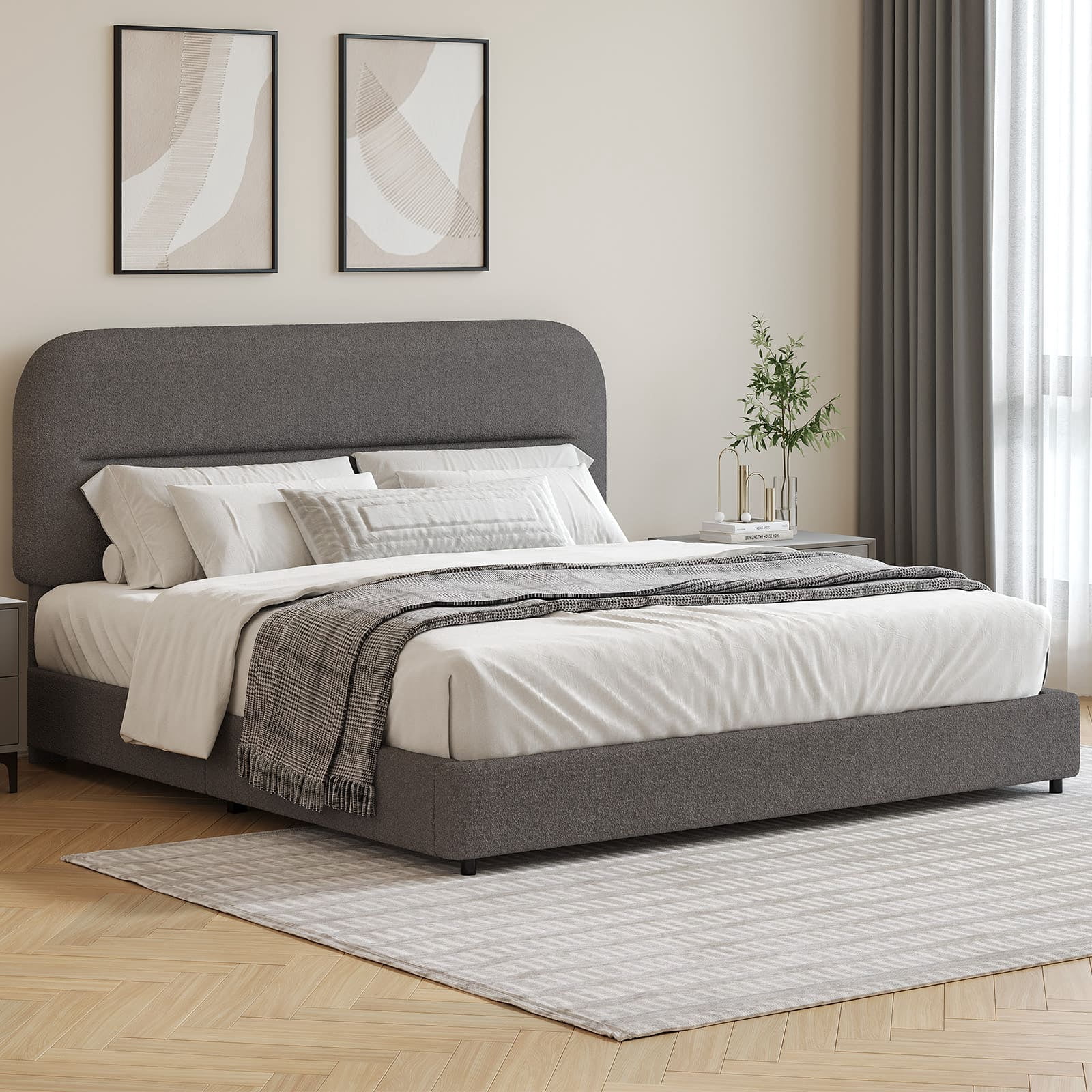 4 EVER WINNER Full Size Boucle Bed Frame with Headboard, Upholstered Platform Bed with Wood Slats, Soft Rounded Corners, No Box Spring Required, Non-Slip and Noise-Free, Easy Assembly, Grey