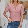 thumbnail image 2 of HAPIMO Women's Loose Pullover Tunic Trendy Round Neck Button Shirts for Teen Girls Solid Color Eyelet Summer Tees Short Sleeve Elegant Casual Workout Tops Pink S, 2 of 6