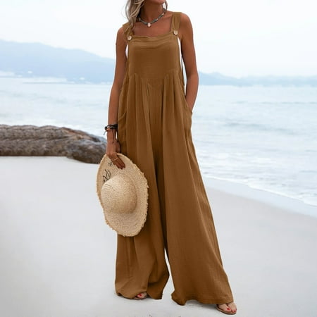 absuyy Jumpsuits for Women Casual Button with Pockets Wide Leg Fashion Solid Color Summer Cold Shoulder Suspender Long Trousers Romper Brown Size 2XL