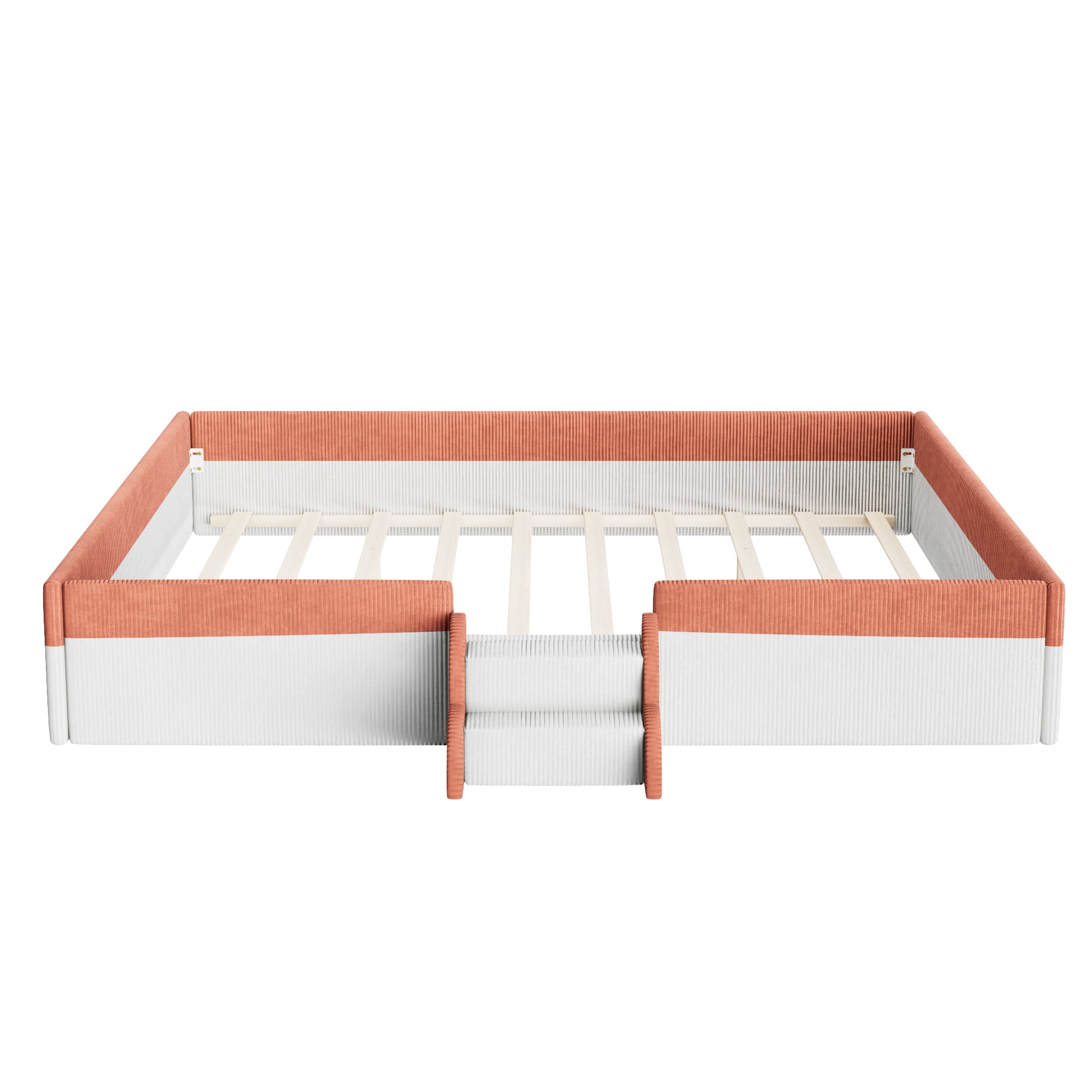 Howcool King Size Corduroy Upholstered Floor Bed with Fence and Smart LED Lights,2-Tier Steps Platform Bed Frame,Brown+White