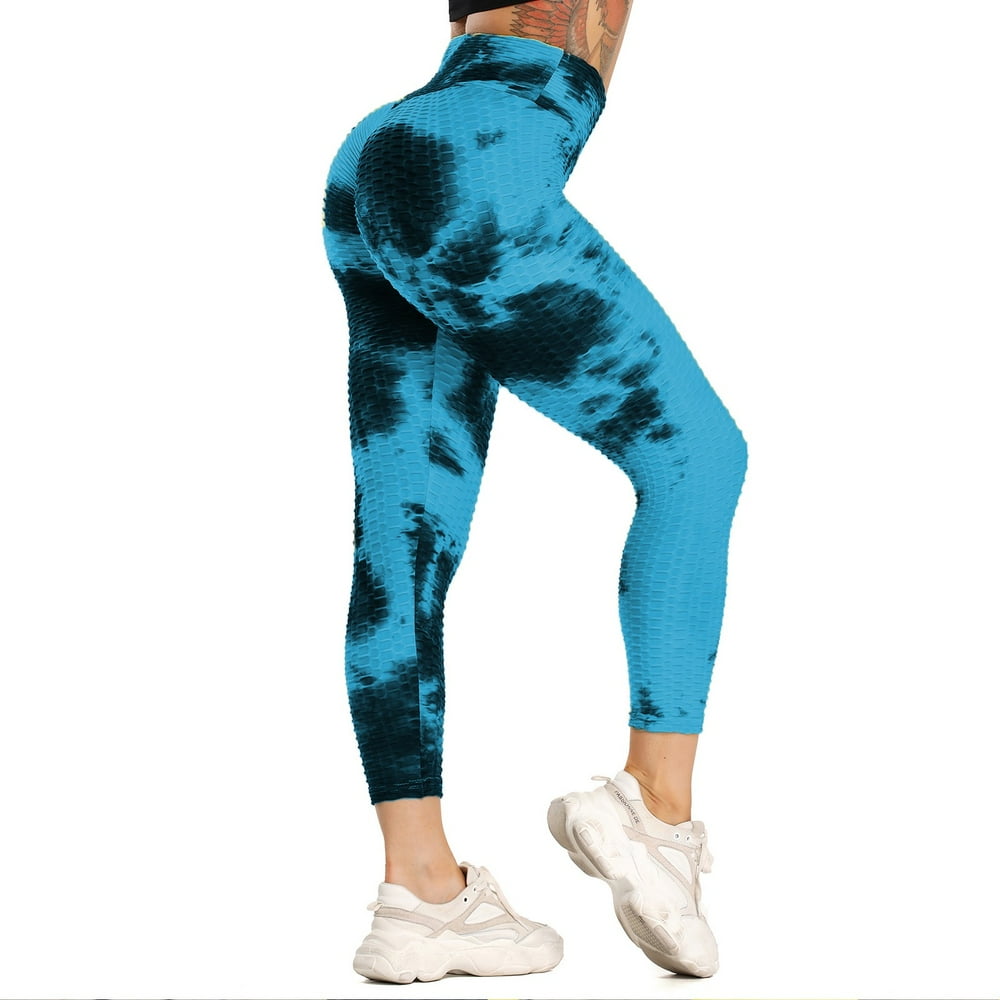 Fittoo - FITTOO Women High Waist Yoga Capris Tie Dye Leggings Textured Scrunch Butt Pant Booty