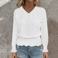thumbnail image 4 of TKLPEHG Long Sleeve Womens Tops Fall Eyelet V Neck Shirts Fashion Smocked Hem Crop Tops Dressy Casual Tunic Shirts (White,S), 4 of 8