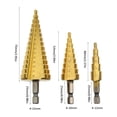 thumbnail image 4 of Juego de 3 Brocas Escalonadas HSS, 4-12 Mm, 4-20 4-32 Cono Titanio, Madera, Metal, Cortador Agujeros, VáStago Hexagonal, Herramienta Cambio RáPido, 4 of 7