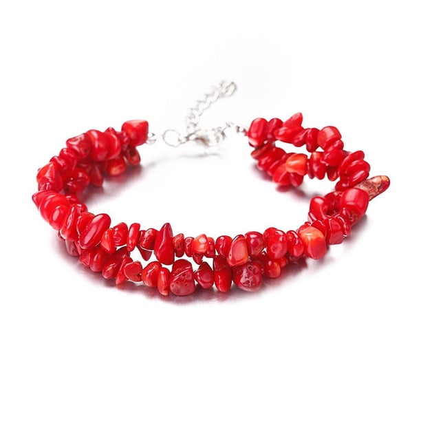 Nvzi Pulsera de cuentas hecha a mano, adecuada, pulsera de cristal de piedra natural de doble capa (rojo)