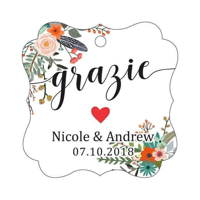 Darling Souvenir GRAZIE Cadeaux de Mariage Papier Tag Personnalisé Fête Suspendue Tags-Floral Blanc-100 Tags