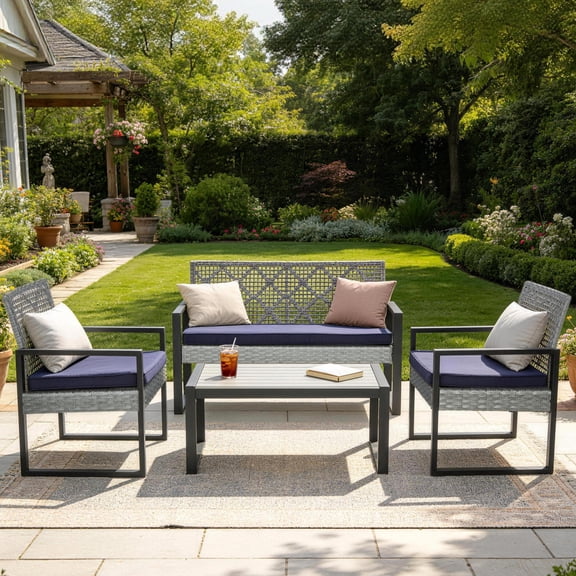 Segmart Patio Conversation Set for Outdoor, 2025 Upgrade 4-Piece Conversation Furniture Set w/Loveseat Sofa, 2 Single Sofas, Coffee Dining Table and Padded Cushions, Max Weight 705 lbs, Light Gray