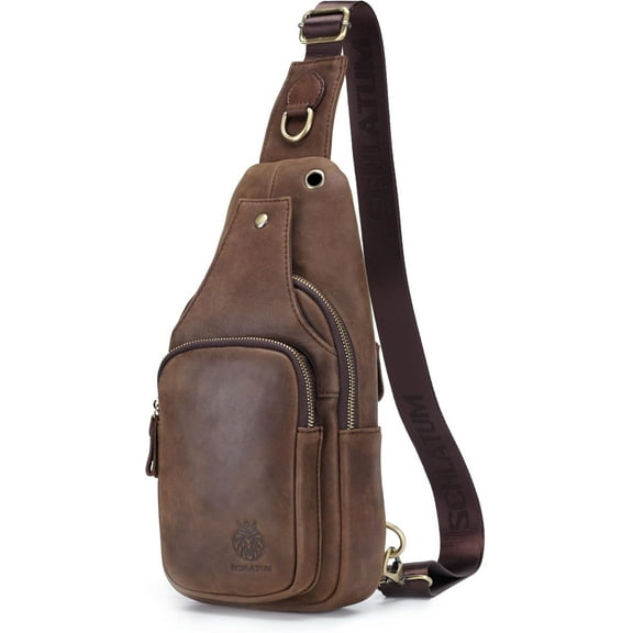 SCHLATUM Sling Bag for Men Genuine Leather Small Crossbody Bag Men Casual Chest Bag Sling Backpack with USB Cable Hole, Coffee