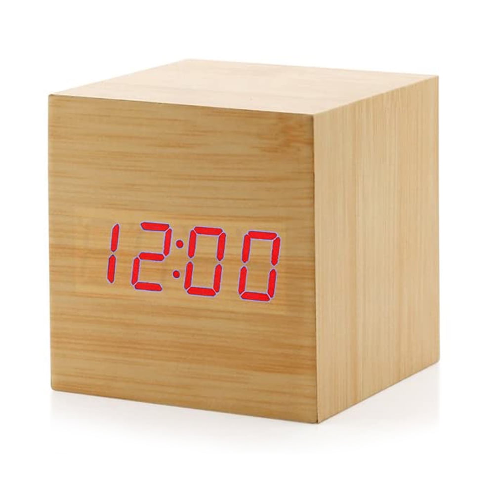 Wood Cube DEL Alarme Digital Desk Clock Wooden Pièce De Style Snooze Câble USB moderne 
