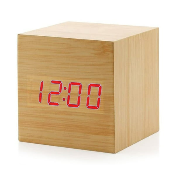 Digital Alarm Clock, Wood LED Light Mini Modern Cube Desk Alarm Clock