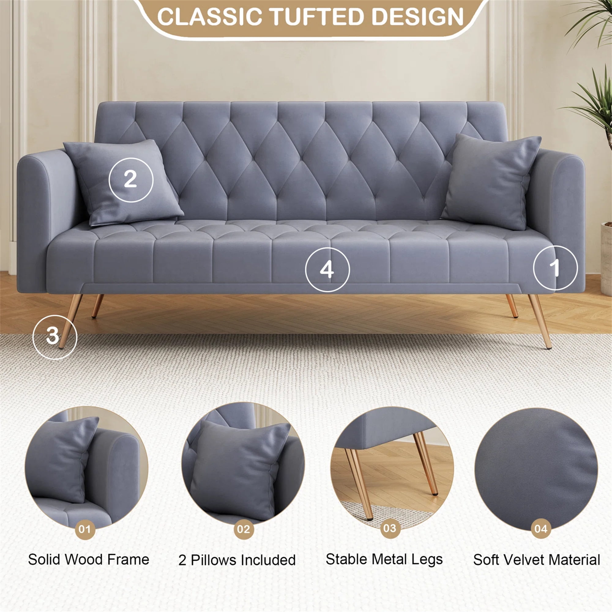 Aukfa Velvet Futon Convertible Sofa Bed, Upholstered Arm Couch for Home Office, 2 Pillows, Gray