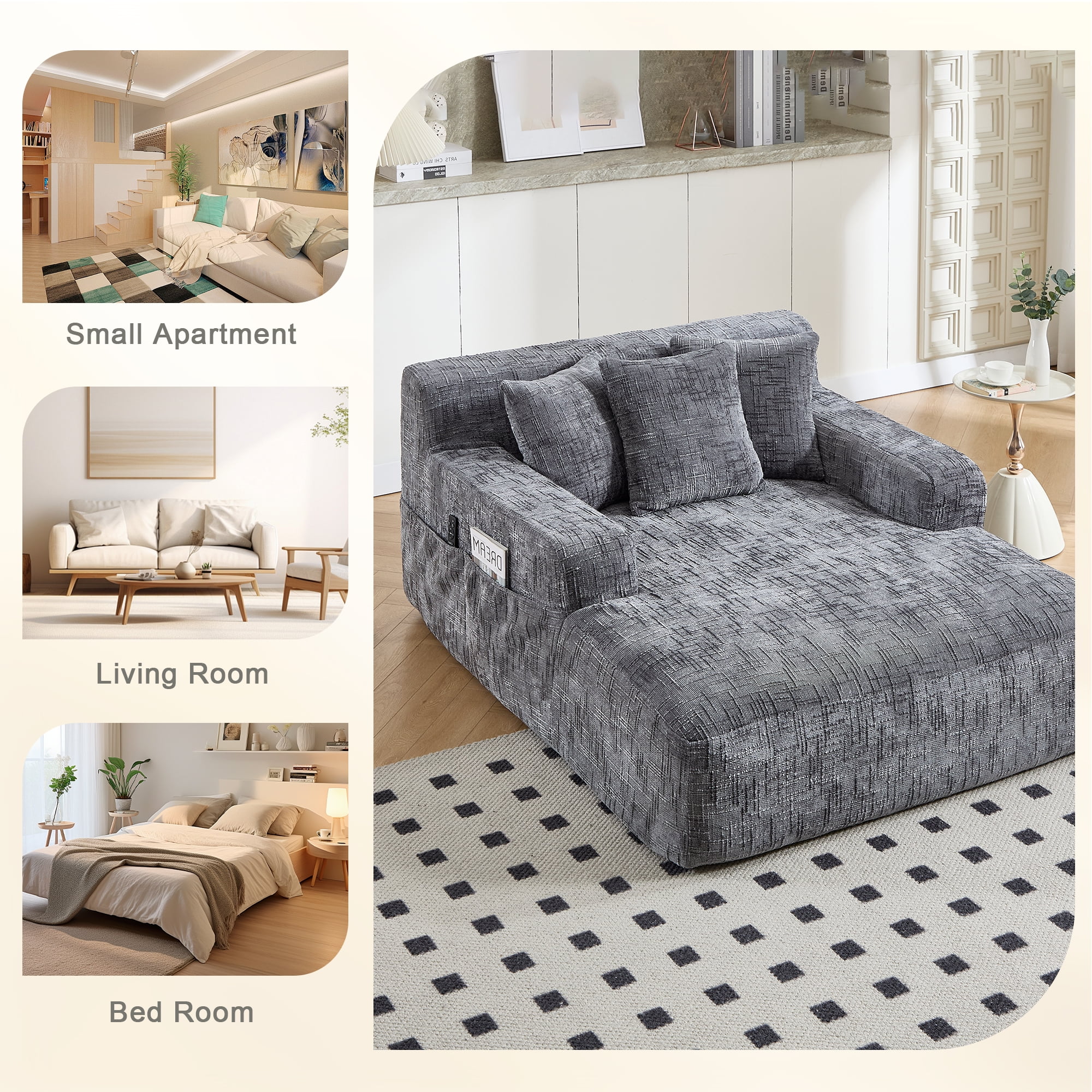 MOONMISS Oversized Chaise Lounge Chair Indoor Furniture, No Assembly Required, Plush Chenille Cloud Floor Sofa Bed for Living Room,Gray