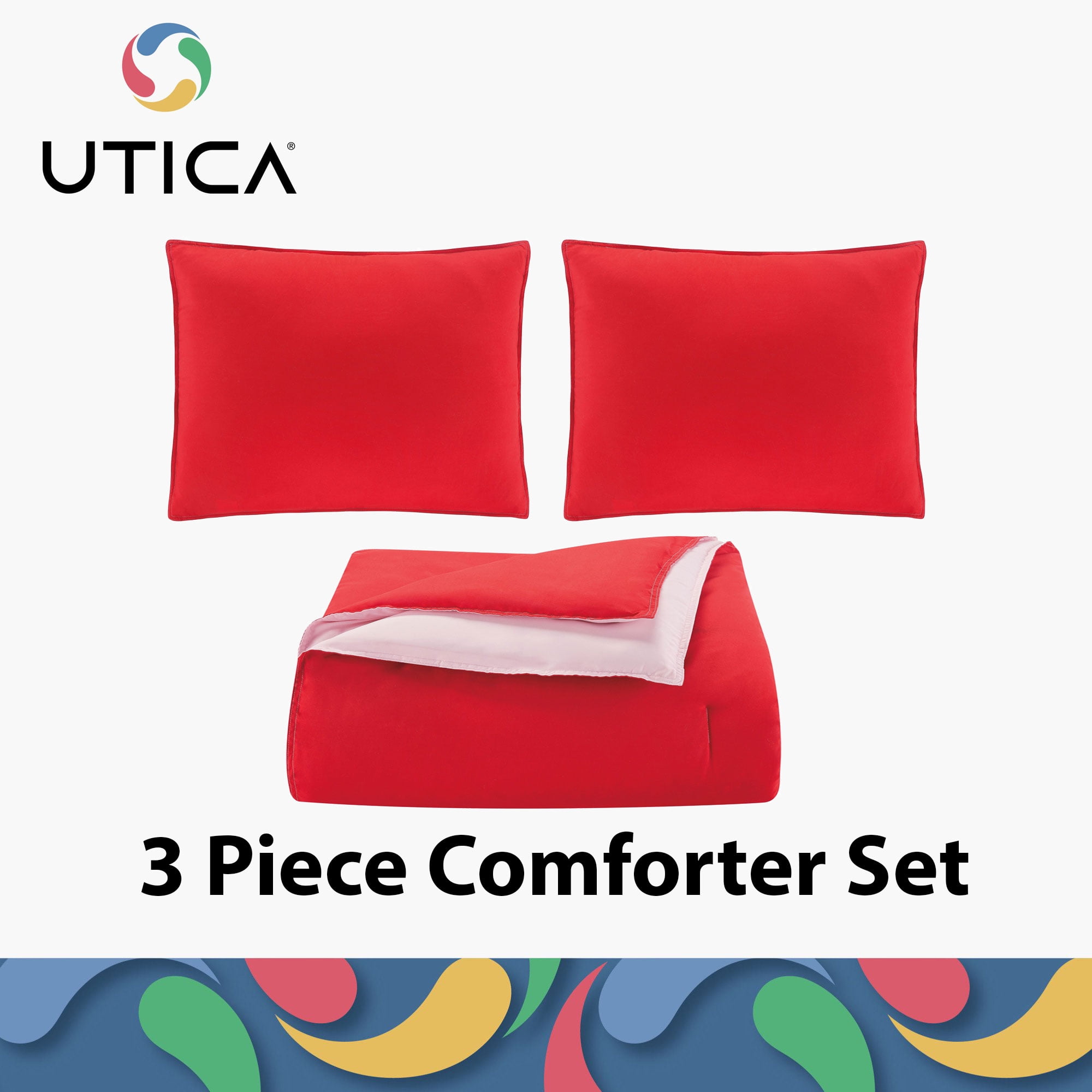 Red 3-Piece Reversible Comforter Set, Recycled Microfiber Bedding, Full/Queen, by Utica