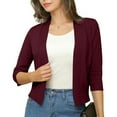 thumbnail image 6 of Womens Fall Oversized Cardigans New Women's Cropped Cardigan 3/4 Sleeve Open Front Basic Knitted Sweater Soft Lightweight Knitted Tops Wine S, 6 of 7