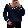 thumbnail image 2 of Suéteres de Cuello en V para Mujer, Jerseys de Punto Ligeros de Larga, Tops Azul Real Oscuro XL, 2 of 7
