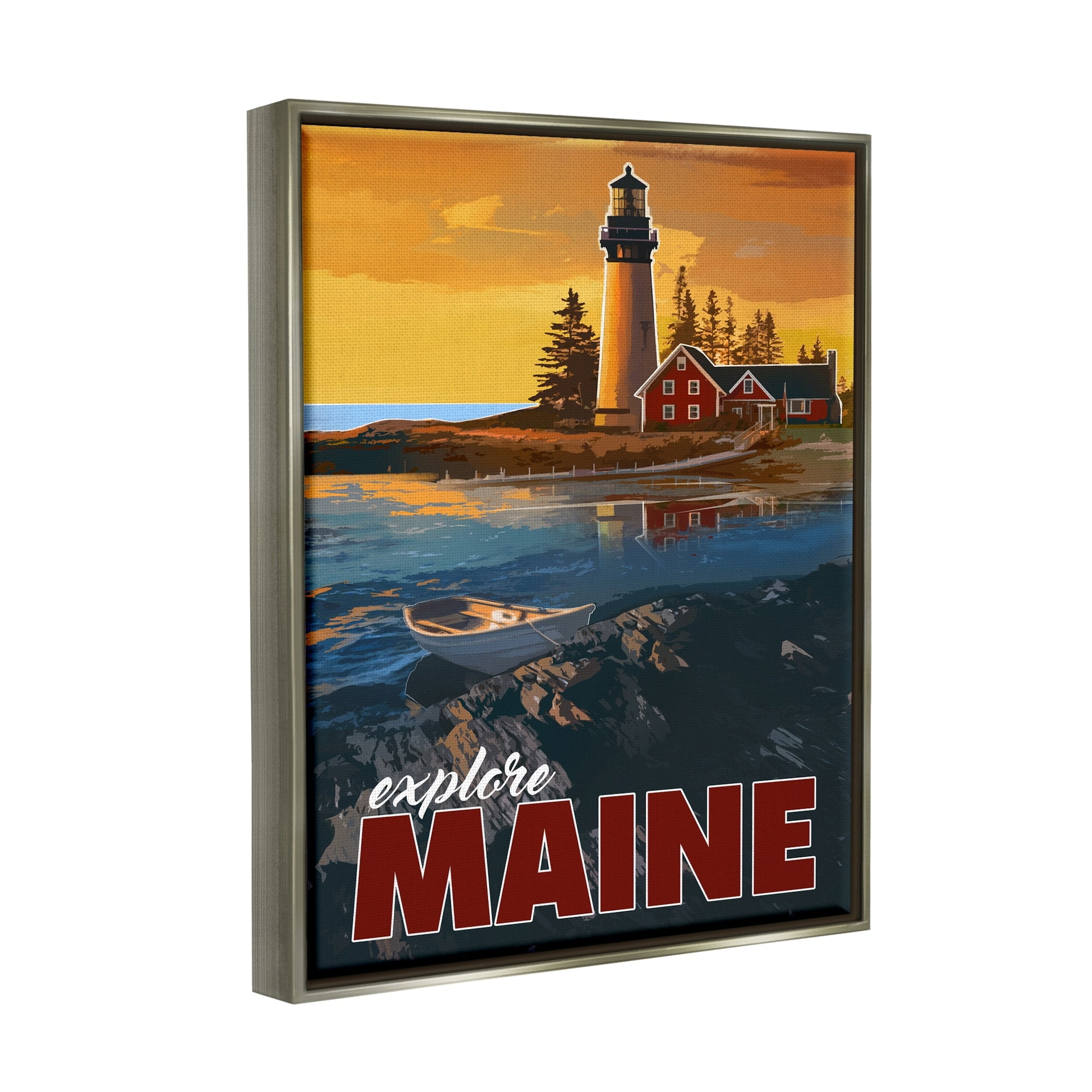 Stupell Industries Explore Maine Distant Ocean Lighthouse Beacon Travel Graphic Art Luster Gray Floating Framed Canvas Print Wall Art, Design by David Owens Illustration
