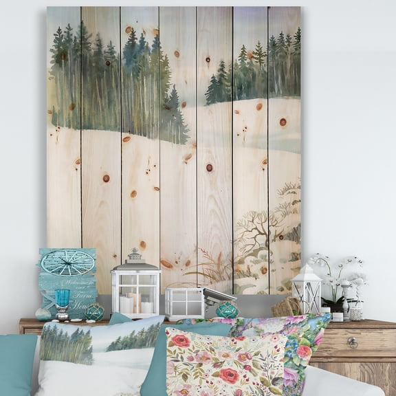Designart 'Pine Forest In Snowy Winter Mountains' Traditional Print on Natural Pine Wood