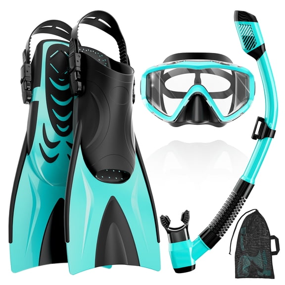 AEGEND Snorkel Set for Adults, 4-in-1 Snorkeling Gear with Panoramic Anti-Fog Mask, Dry Top Snorkel, Adjustable Swim Fins & Travel Bag for Diving Swimming