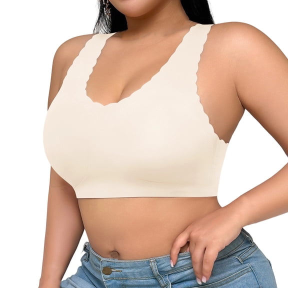 SYMOID Womens Plus Size Wireless Comfort Bra Seamless Racerback V-Neck Nylon Spandex Full Coverage T-Shirt Bra with Scalloped Edge Trim Beige,Size 2XL