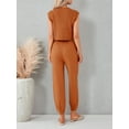 thumbnail image 4 of Arvbitana Women 2Pcs Knit Outfits Short Sleeve Crew Neck T-shirt with Pocket + Solid Color Long Pants Sets Daily Loungewear Streetwear Clothes, 4 of 5