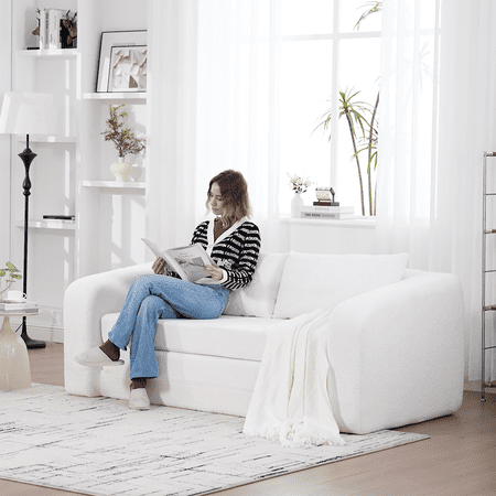 71" 2-in-1 Pull Out Foldable Loveseat Sofa Bed with Armrest & Backrest Pillows, Convertible Chenille Boneless Cloud Floor Mattress Sleeper Lounge Couch for Living Room Bedroom Guestroom Dorm, Ivory