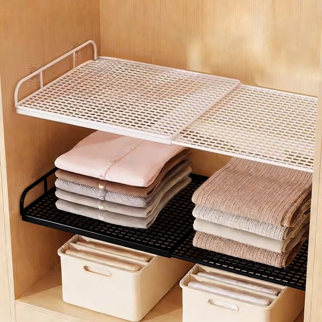 Metal Storage Shelf, Expandable Cabinet Organizer With Stackable Grid Panel, for Kitchen Pantry and Bathroom Countertop, White