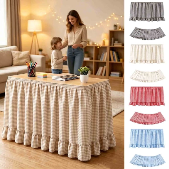 Gingham Table Skirt, 6ft Desk Skirts for Teacher Desk, Ruffled Hook and Loop Teacher for Teacher Desks, Parties and Display Tables, Beige