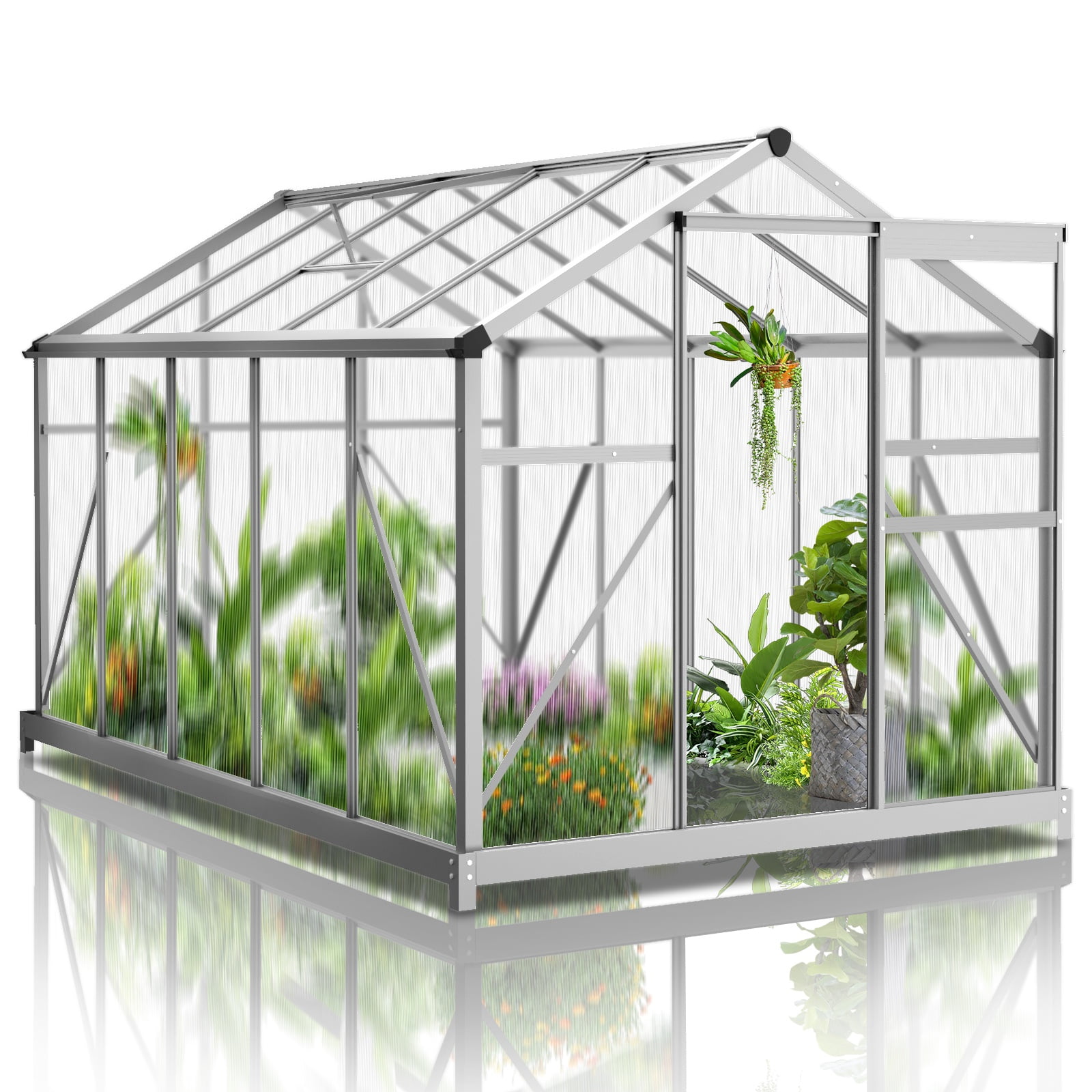 Seizeen 6x10FT Outdoor Greenhouse, Walk-in Green House Polycarbonate, Aluminium Frame Plant House for Gardening, with Adjustable Vent, 8 Supports, 62’’H Sliding Door, Silver
