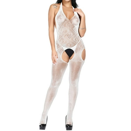 

Sebulube Ladies Net Clothes Hollow Jacquard Lingerie Tight Nightclub Performance Uniform Long One Piece Stockings
