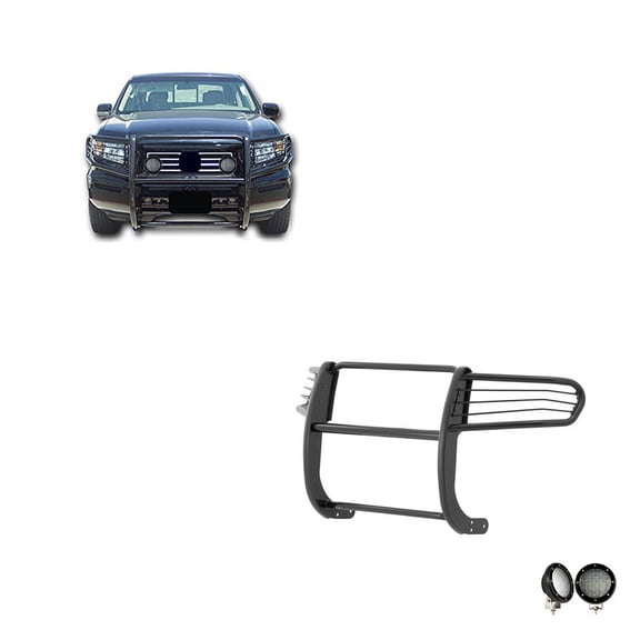 Black Horse Grille brush Bumper Guard Modular Black Come with Pair of 5.3" Dia.LED Lights with Black Trim Rings Compatible with 2006-2014 Honda Ridgeline-17A152500A1MA-PLFB
