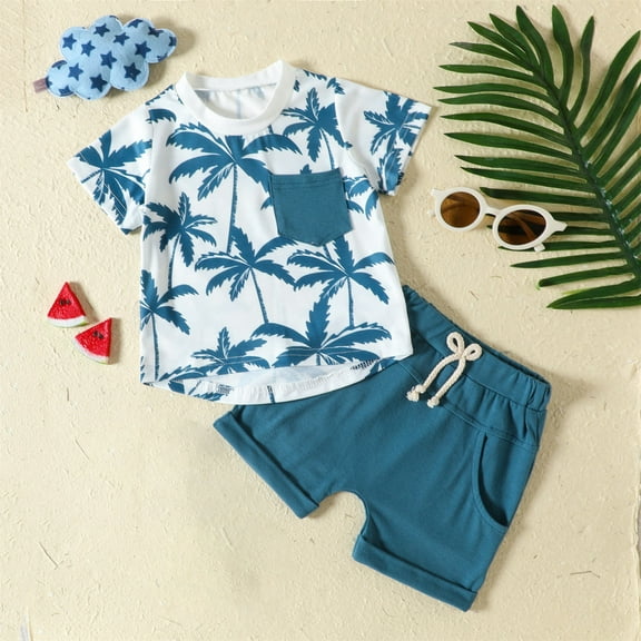 Honeeladyy Toddler Boys Girls Summer Outfits Crew Neck Short Sleeve Printed Tops with Drawstring Shorts Beach Playwear Blue 2-3 Years
