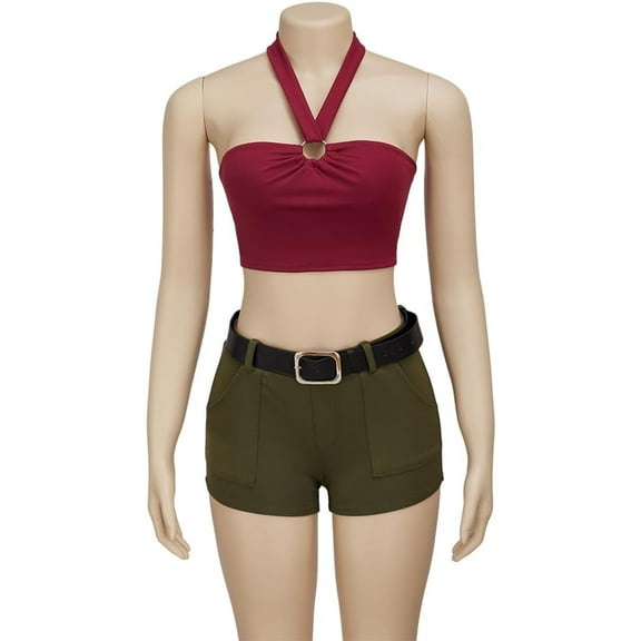 Women's Sexy Total Drama Heather Halter Neck Crop Top Shorts Set Outfits