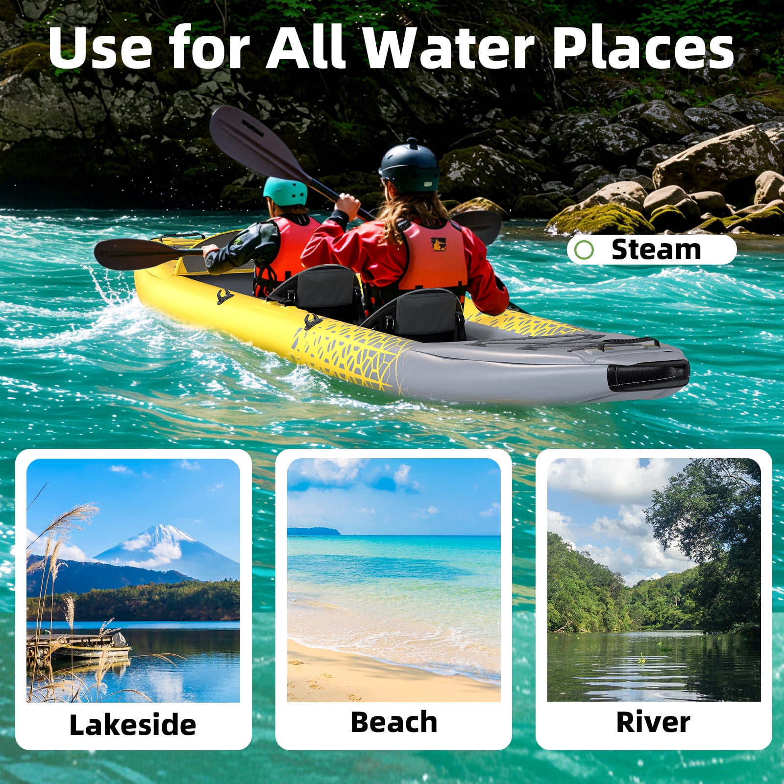 Danrelax 2-Person Inflatable Kayak for Adults, Drop-Stitch Floor, Tandem Kayak, Yellow