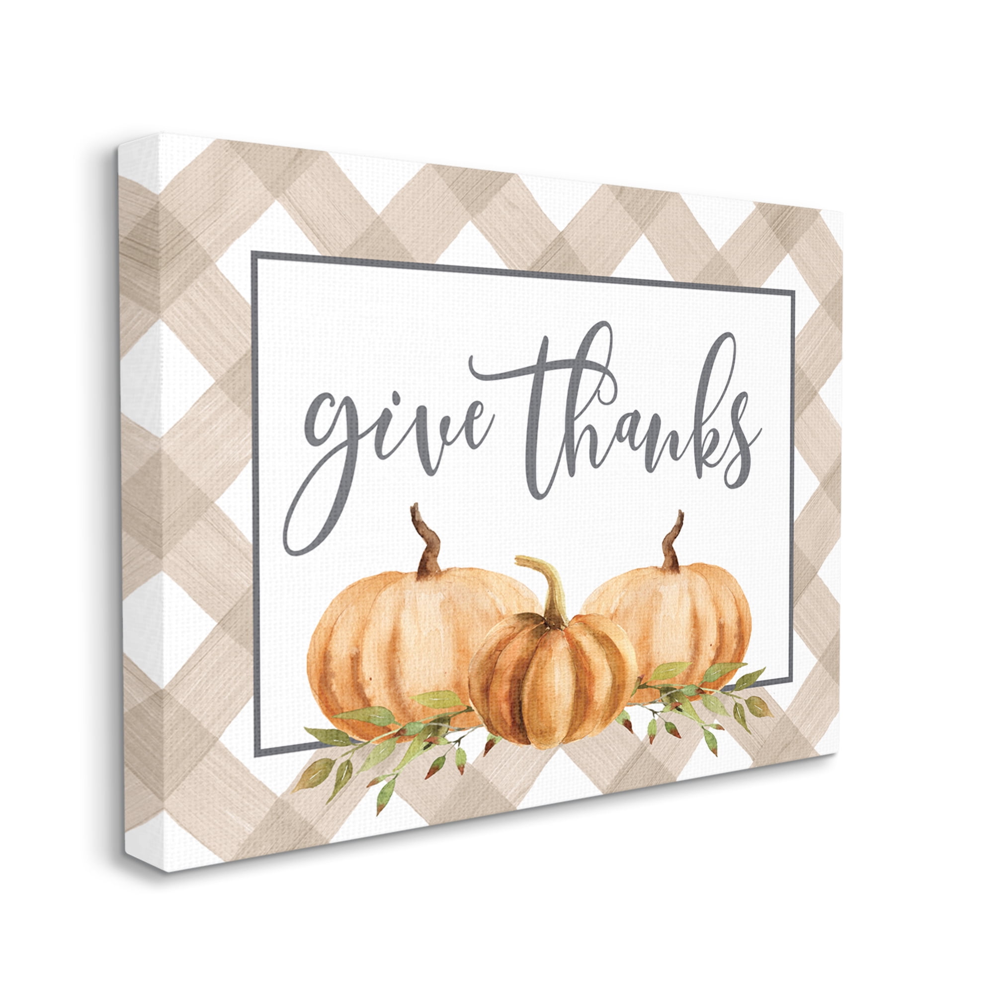 Stupell Industries Give Thanks Calligraphy Autumnal Tartan Pumpkin Border Graphic Art Gallery Wrapped Canvas Print Wall Art, Design by Lettered and Lined