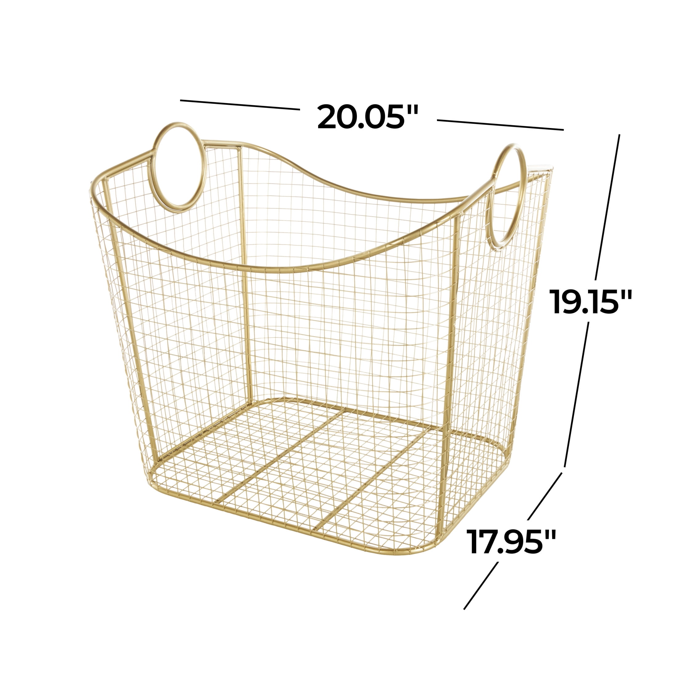 DecMode 20" x 19" Gold Metal Deep Storage Basket with Curved Sides and Ring Handles, 1-Piece