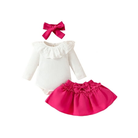 

Suagox 3-Piece Baby Girls Set Lace Trim Ribbed Eyelets Long Sleeve Romper Bow Ruffled Skirt Hair Band Fall Outfits for 0-18 Months Baby