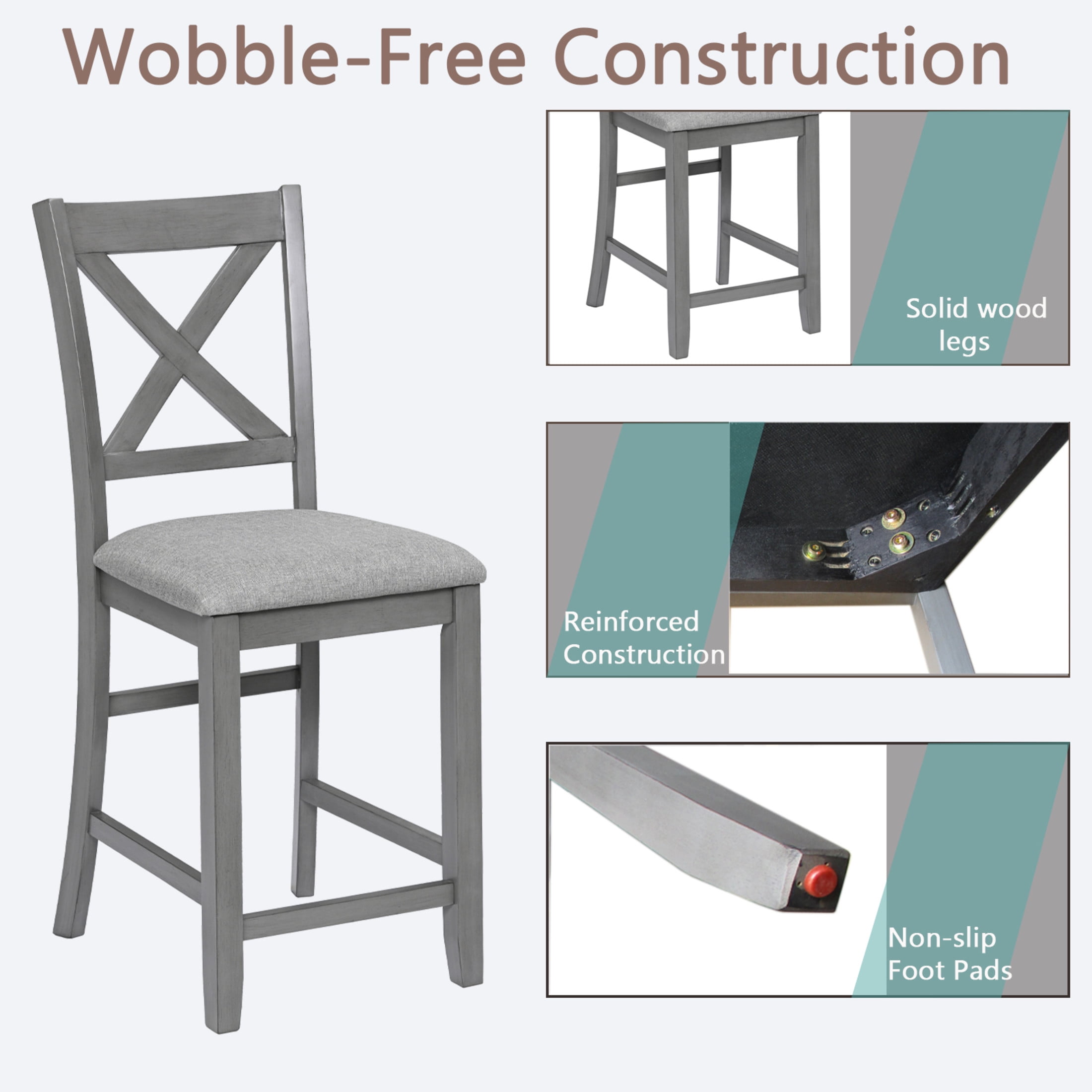 Noble House 40" Farmhouse Counter Height Bar Chairs with Padded Seat Set of 4, X-Shaped Backrest, Gray