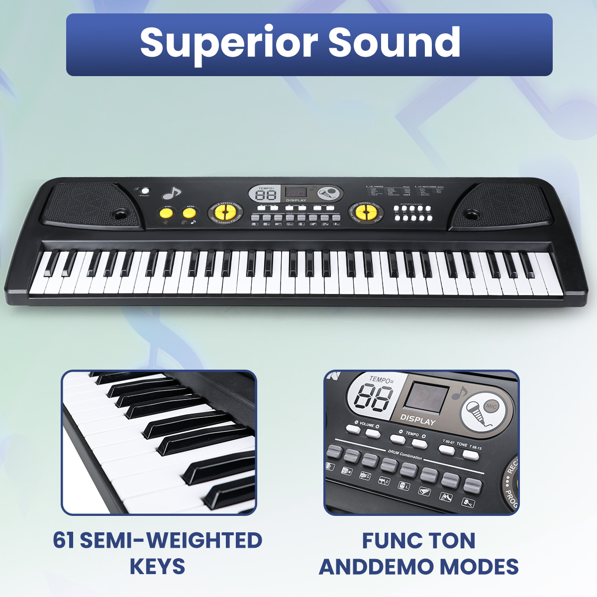 BFVV 61-Key Portable Electronic Keyboard Piano Set with Microphone, Power Adapter & Music Rest, Ideal Music Education Gift for Beginners