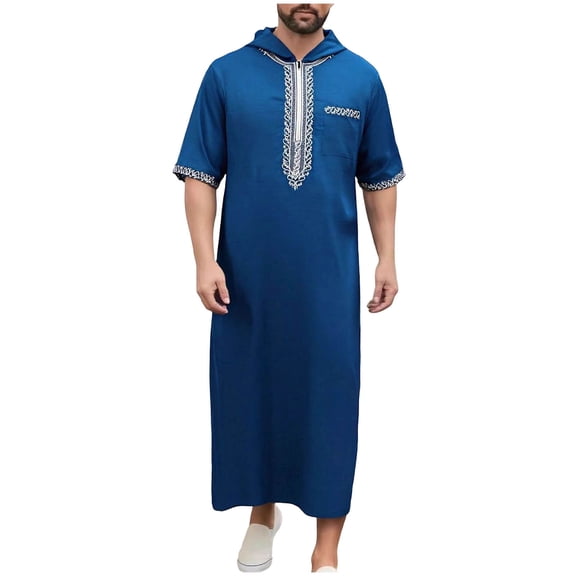 Men's Muslim Prayer Kaftan Robe Embroidered Middle East Long Gown Short Sleeve Islamic Pakistan Dubai Abaya Thobe