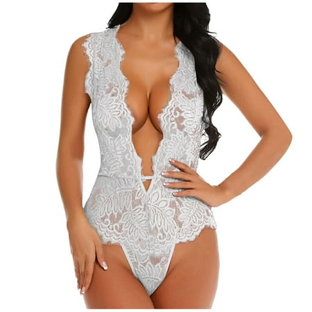 CZSCPDAW Women For Women Satin Nightwear Sexy Nightgown Women Hollow Leaves Flowers Eyelash Lace Lingerie Lace Bodysuit Deep V Teddy Mini
