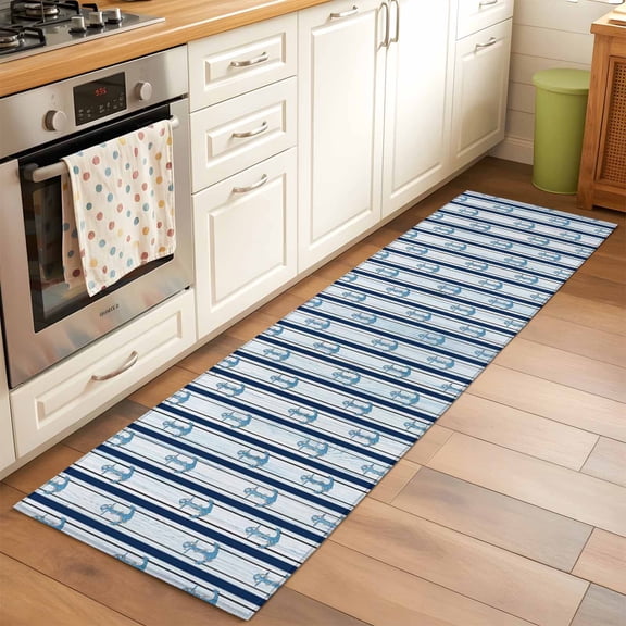 Navy Blue Anchor Nautical Runner Rug 2x6 FT, Non Slip Hallway Carpet, Blue Coastal Ocean Washable Soft Floor Carpet Throw Runner Carpet Long Rug for Entryway Kitchen