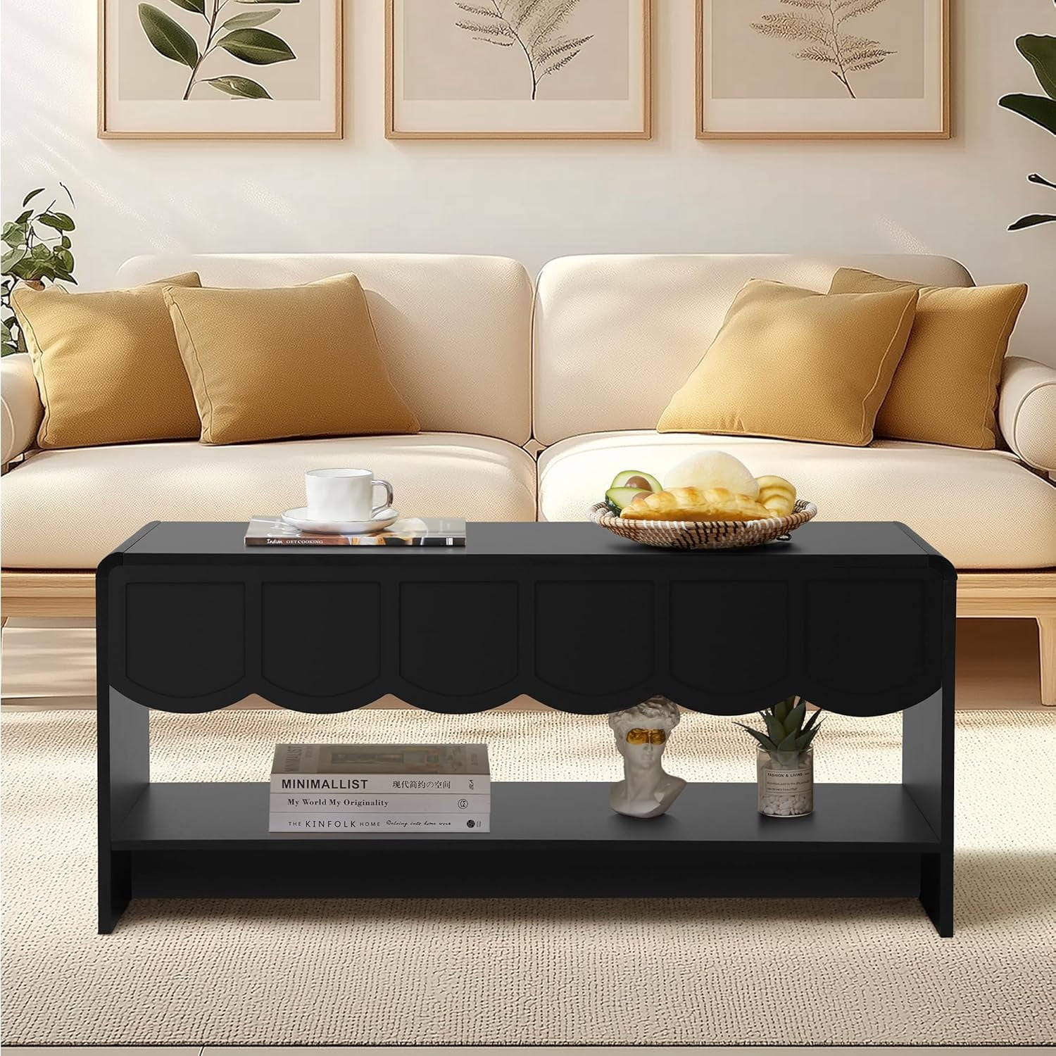 Wirrytor Lift Top Coffee Table with Storage for Living Room, Oval Coffee Table with Hidden Compartment and Open Shelf, Modern Center Table with Wave Edge Design
